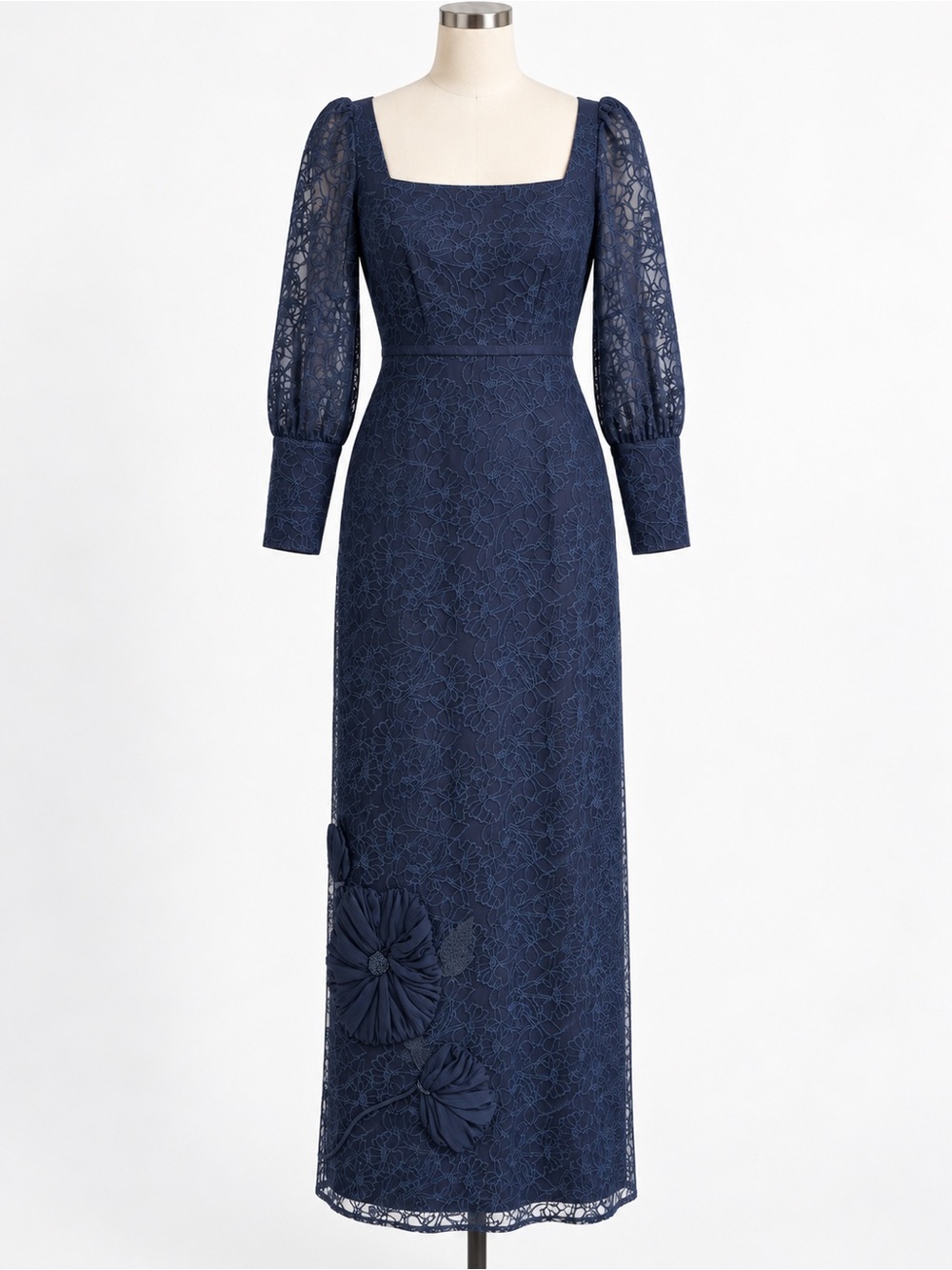Kay Unger Navy Floral Lace Maxi Gown Square Neck Long Sleeve Size 6 NWOT